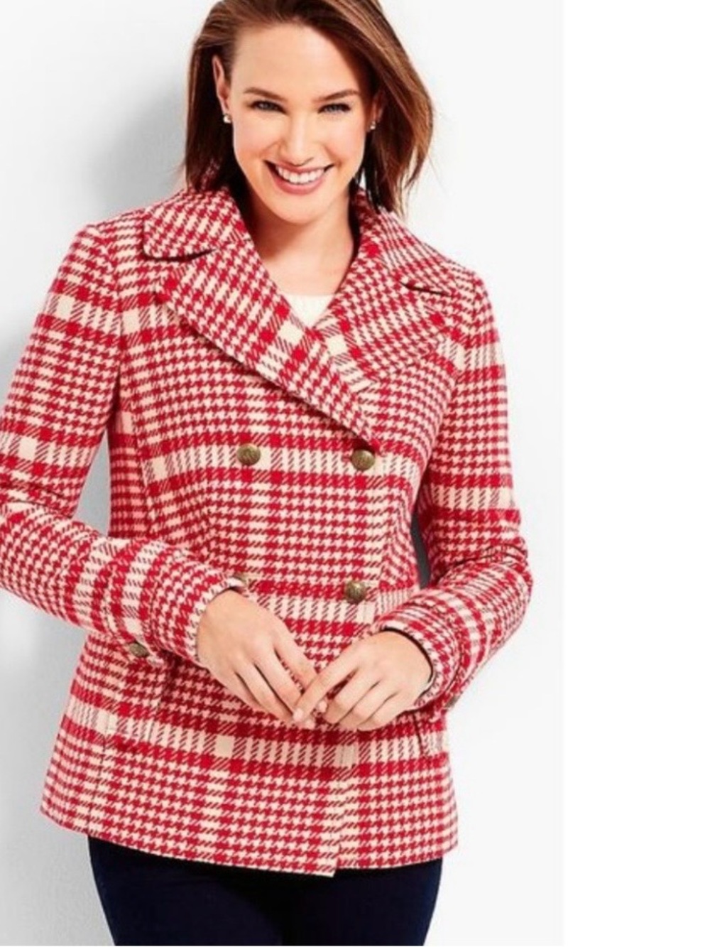 Talbots Red Plaid Houndstooth Double-Breasted Peacoat